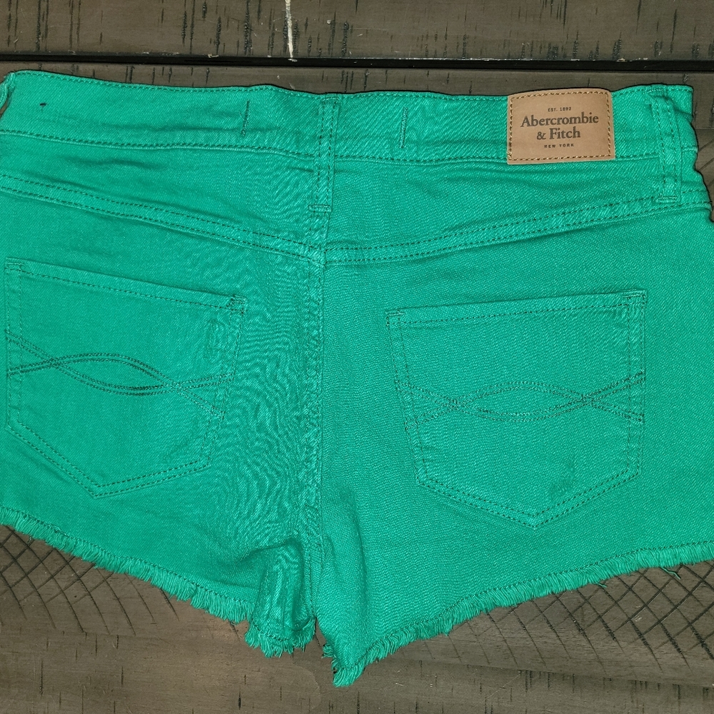 Abercrombie 4 Denim Shorts Mid Rise Womens Green Stretch Booty Shortie Shorts